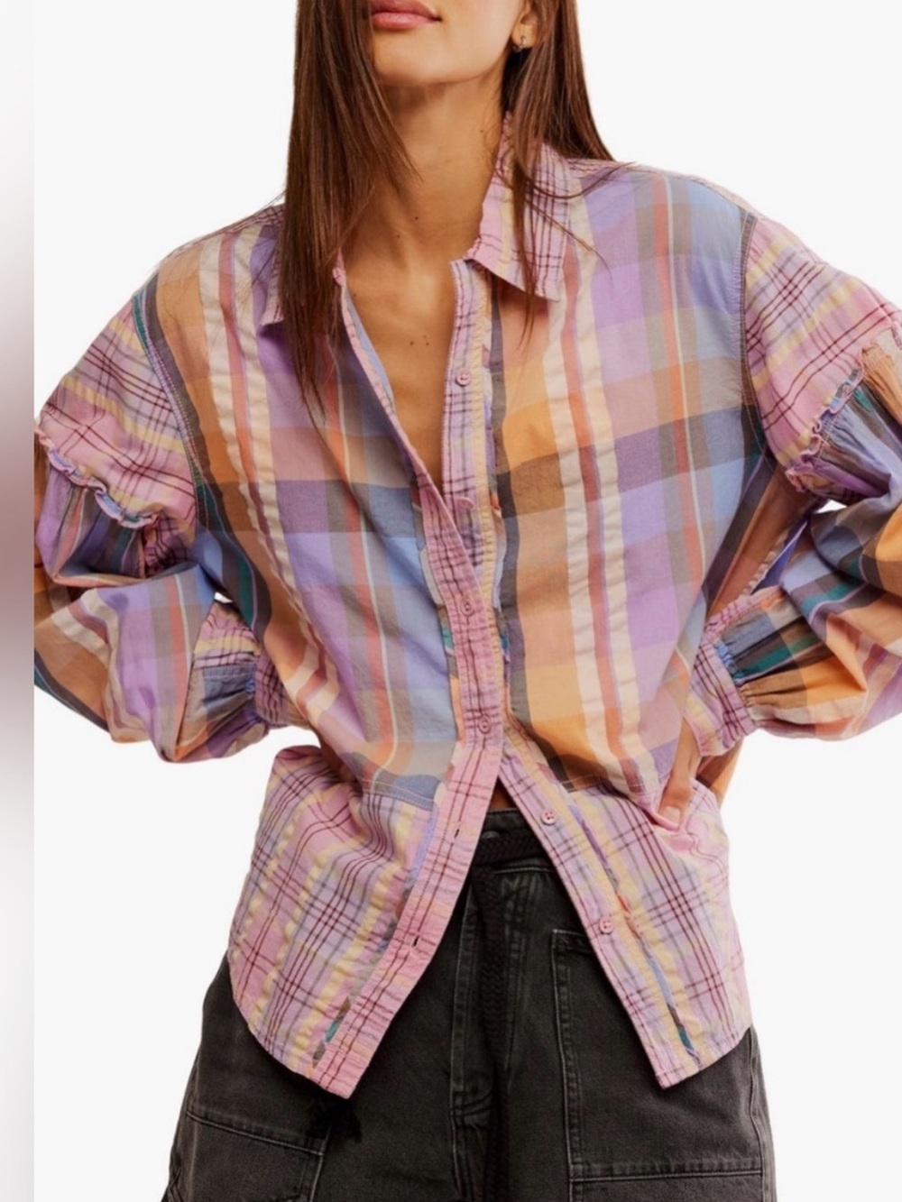 We The Free Madras Button-Down Long Sleeve Shirt Pink Blue Lavender Cream Sz S